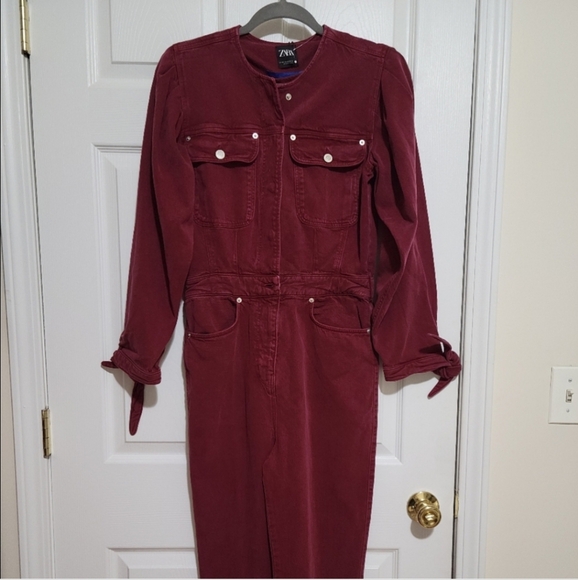 Zara 80's Denim Jumpsuit Burgundy - Picture 3 of 8